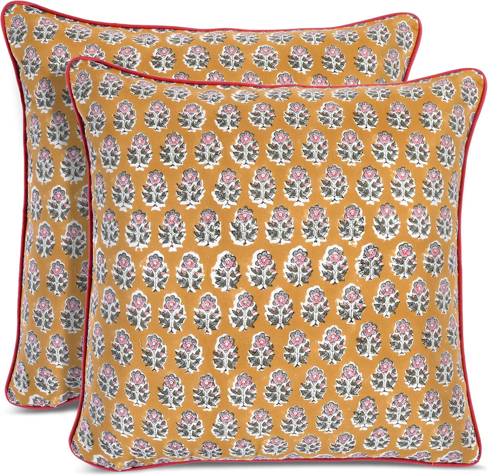 CPC Yellow Citrine Block Print Throw Pillow Covers 18x18 Inch, Pack of 2