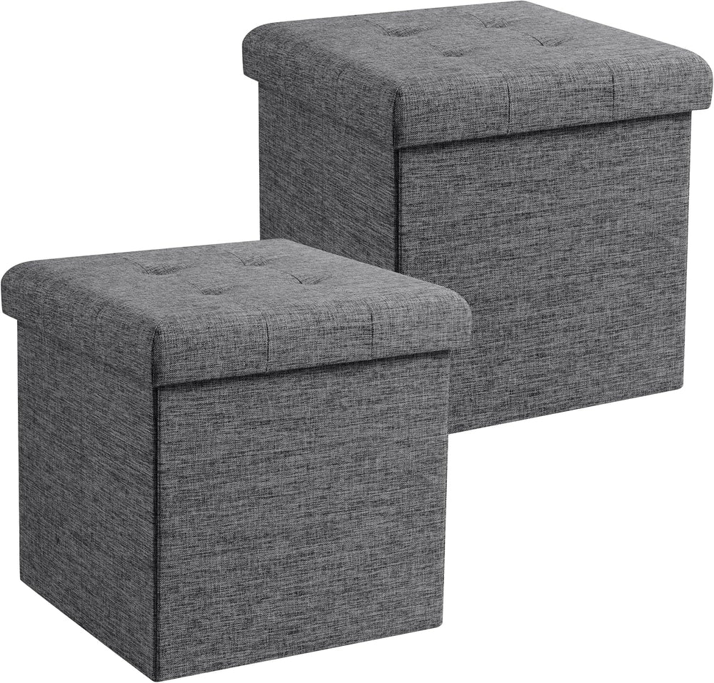 Ornavo Home 2 Pack 15 Inch Folding Storage Ottoman Cube, Linen, Dark Gray