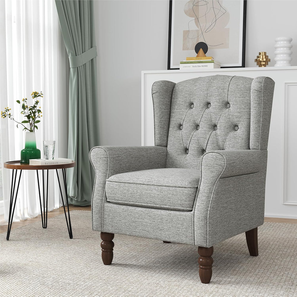 High Wingback Accent Chairs Set of 2, Button-Tufted Armchair, Light Gray