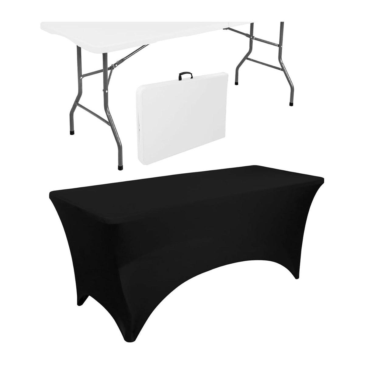 1 Set 6 FT Rectangle Folding Table with Carrying Handle, Lightweight Fold-in-Half Utility Table, with Matching Black Stretch Spandex Covers, Ideal for Weddings, Parties, Camping, Banquets, Crafts