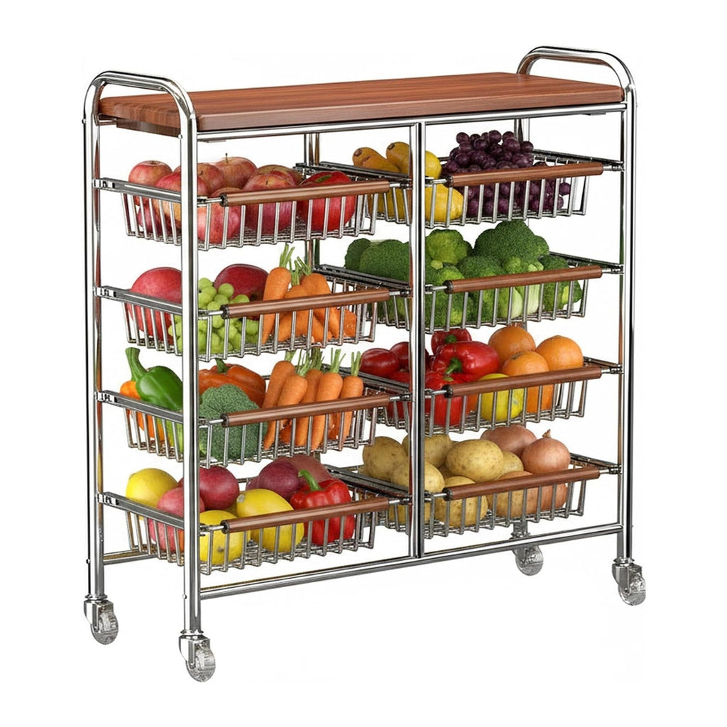 10-Tier Rolling Kitchen Storage Cart, Heavy Duty Wire Pantry Rack | Rust-proof carbon steel, pull-out drawers for fruit/veg, lockable wheels, space-saving kitchen/laundry/bath organizer