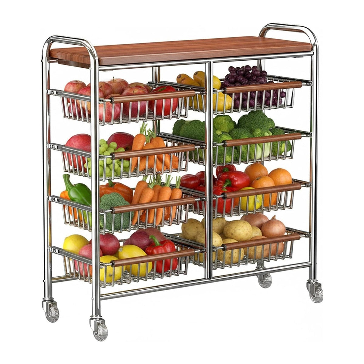 10-Tier Rolling Kitchen Storage Cart, Heavy Duty Wire Pantry Rack | Rust-proof carbon steel, pull-out drawers for fruit/veg, lockable wheels, space-saving kitchen/laundry/bath organizer