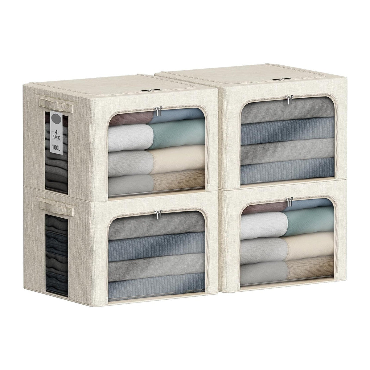 4 Pack Clothes Storage Bins with Metal Frame - 100L Stackable Storage Box with Lid，Foldable Storage Container Organizer for Clothes，Linen Fabric Storage Box with Clear Window＆Zippers＆Handles