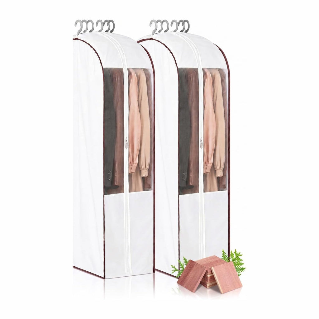41" Cotton Garment Bags for Hanging Clothes, 2 Pack Breathable Suit Bags for Closet Storage, 10" Wide Gusseted & Clear Window, for Suits, Short Dresses, Sweaters, with Cedar Blocks