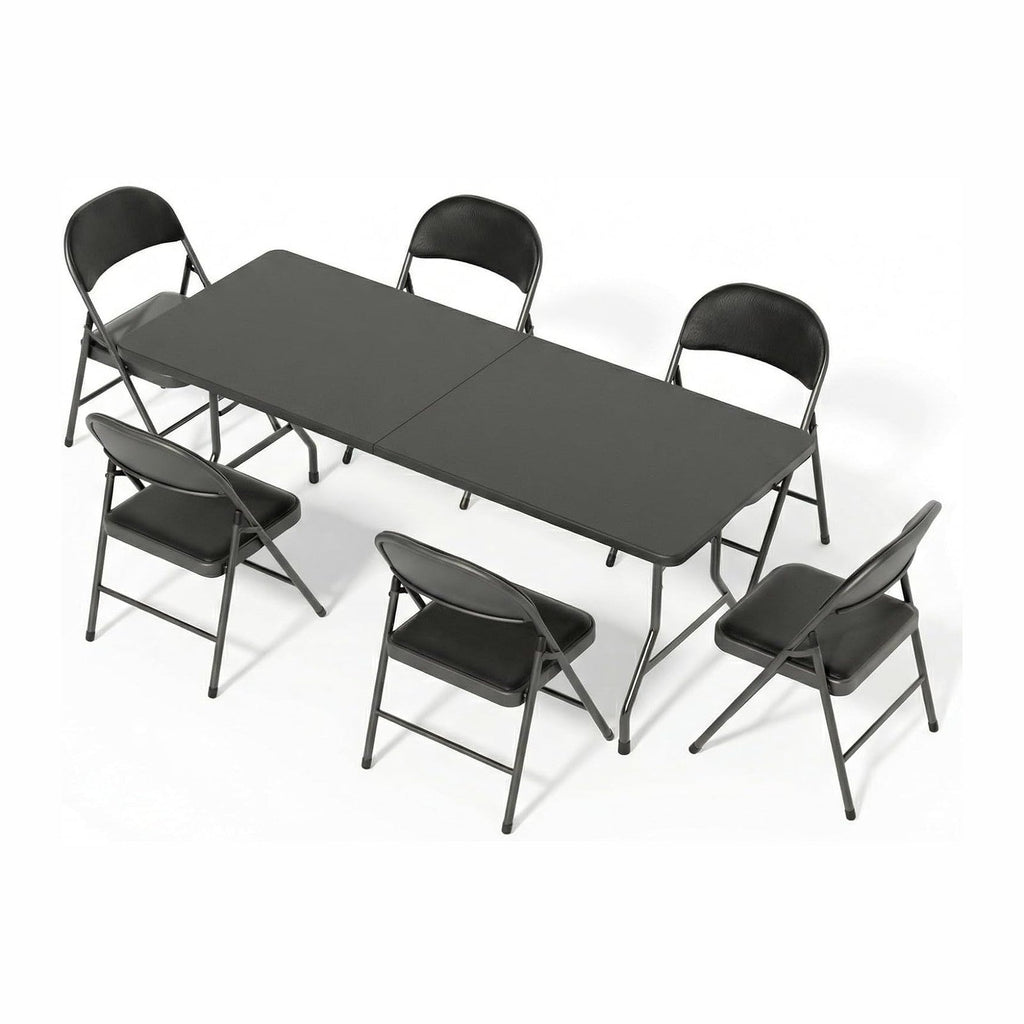 6FT Black Plastic Folding Table Set with 6 Black PU Padded Chairs