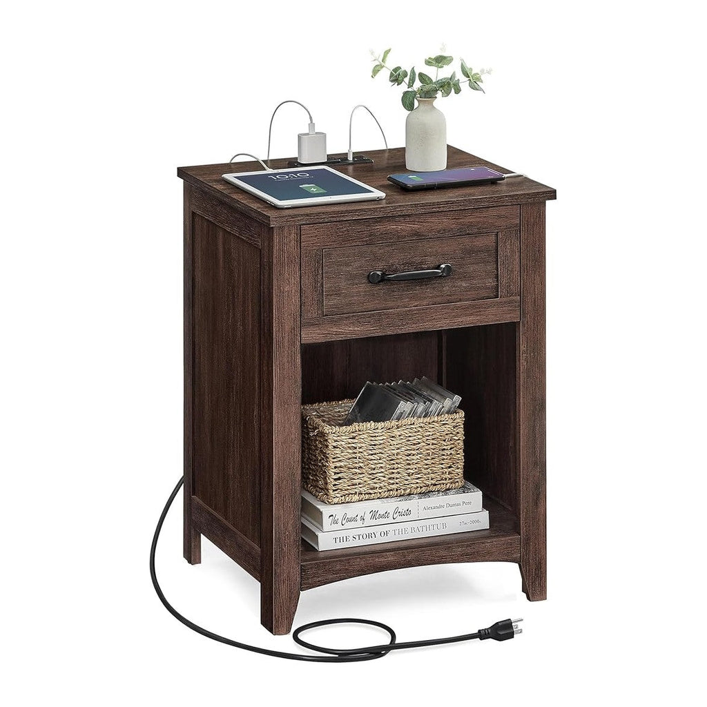 VASAGLE LIRY Collection - Farmhouse Nightstand with Charging Station, Bedside Table, Side Table with Drawer, Open Compartment, for Bedroom, Maroon Brown ULET659K51