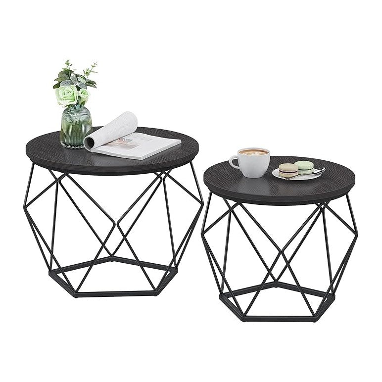 VASAGLE Small Coffee Table Set of 2, Round Coffee Table with Steel Frame, Side End Table for Living Room, Bedroom, Office, Charcoal Gray and Ink Black
