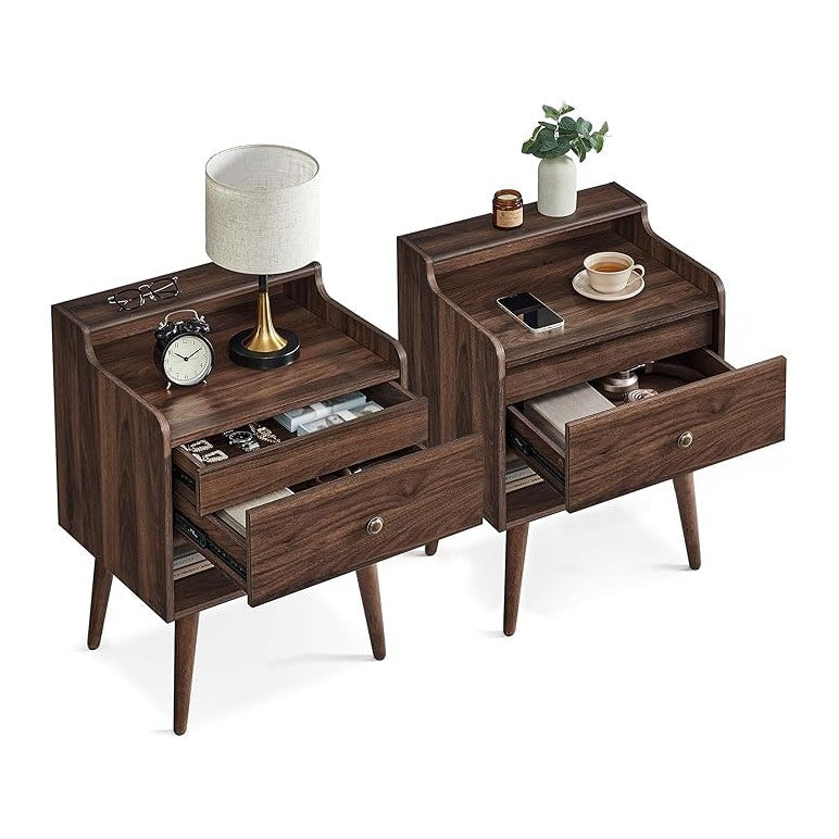 VASAGLE Nightstands, Set of 2, Bedside Tables with Hidden Drawers, Mid-Century End Side Tables with Solid Wood Legs, for Bedroom, Natural Walnut ULET624K01