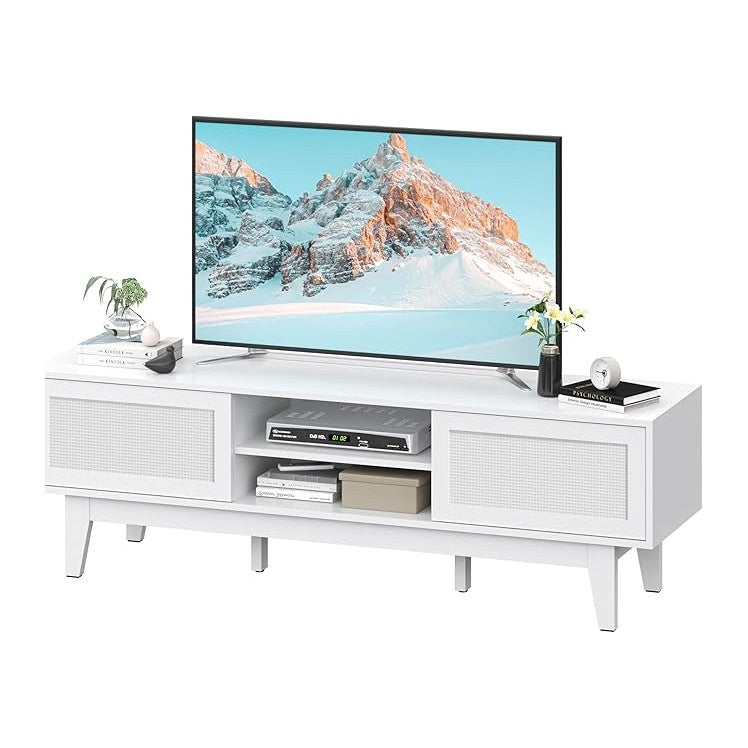 Boho TV Stand for 55 65 Inch TV, Rattan Entertainment Center with Shelves, Cabinets and Sliding Doors, TV Media Console Table with Solid Wood Feet & Cord Holes for Living Room, Bedroom, White