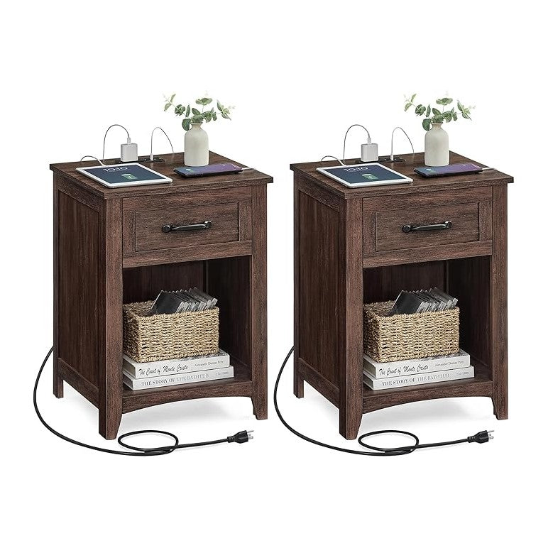 VASAGLE LIRY Collection - Farmhouse Nightstands with Charging Station, Set of 2 Bedside Tables, Side Tables with Drawer, Open Compartment, for Bedroom, Maroon Brown ULET959K51