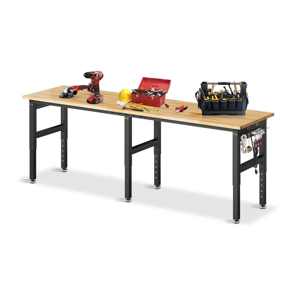 96”Adjustable Work Bench, 5000 LBS Capacity Heavy Duty Workbench with Power Outlet & Pegboard, Rubber Wood Work Table for Garage, Workshop, Office, Home