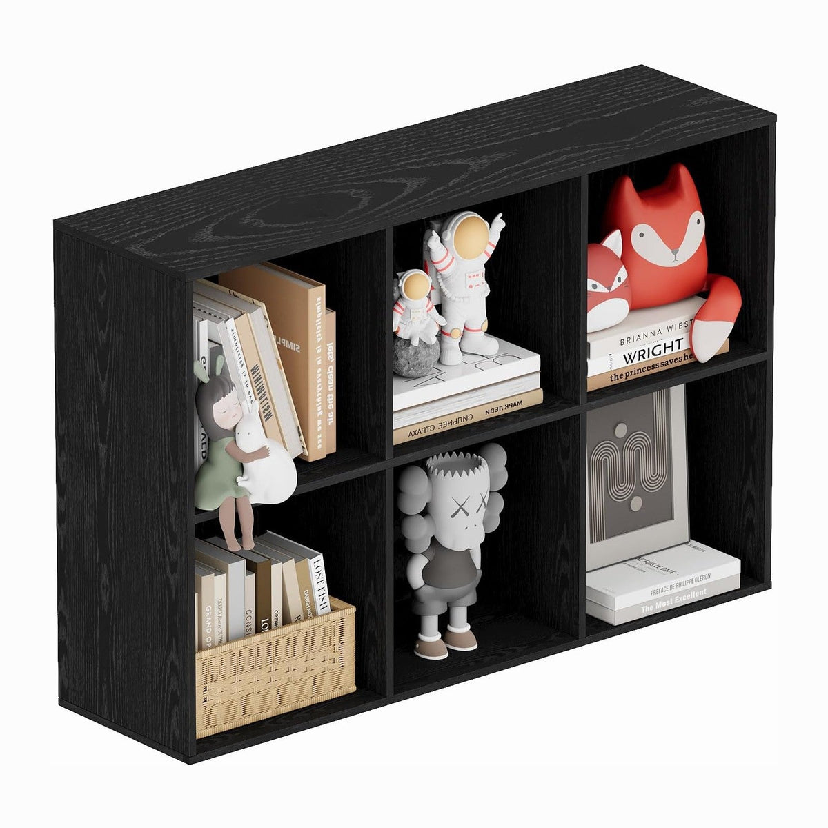 Book Shelf, Wooden Cube Storage Organizer with 11" Open Cubes, Stackable Modular Bookcase for Room Divider Storage, 2 Tier Bookshelf for Living Room, Bedroom, Office (Black, 6-Cube)