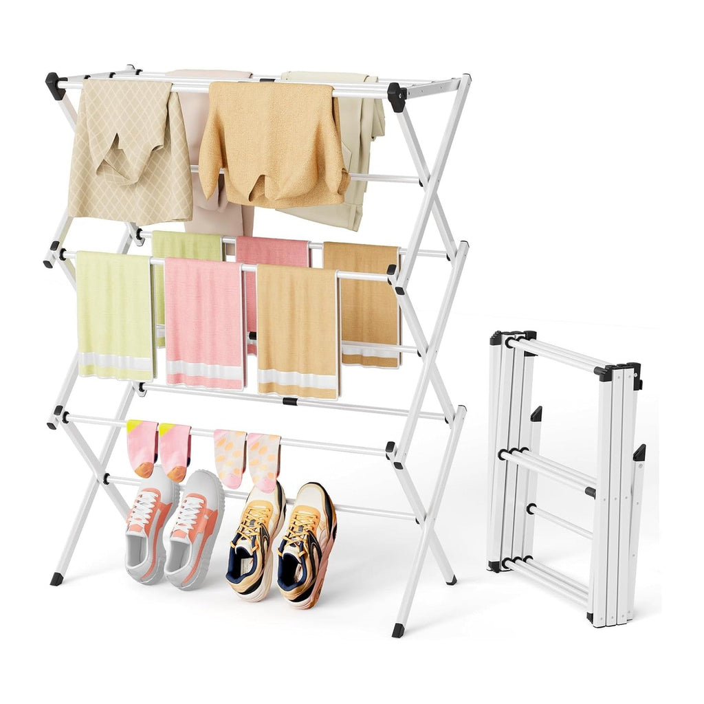 BAKON Space Saving Foldable Clothes Drying Rack, Extendable Rustproof Laundry Rack for Indoor Outdoor Use, No Assembly Required, Suitable for Bathroom Laundry Room Apartment RV, White