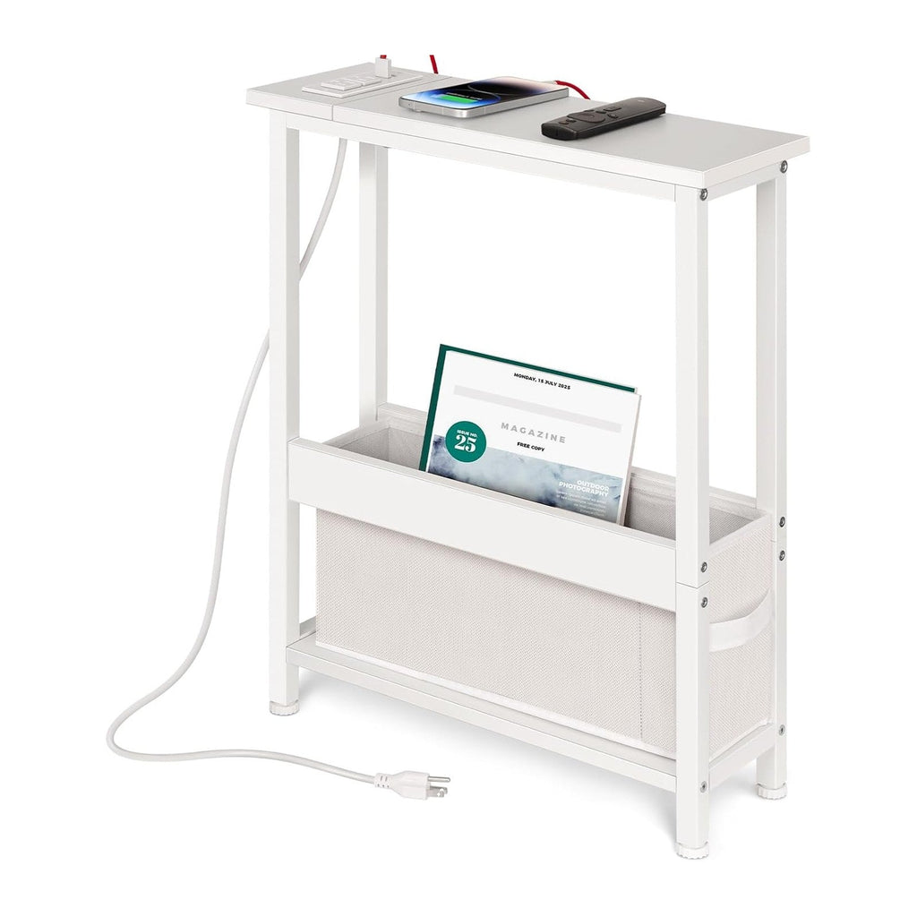 BAMGROW Slim Charging End Table with Storage - for Small Spaces and Bedroom (White)