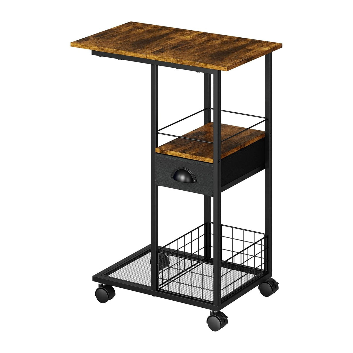 C Shaped Sofa Side Table with Wheels, Rolling Small Coffee Table with Drawer, Portable TV Tray Table for Couch, Bedside Table with Storage, Narrow Nightstand for Bedroom, End Tables Living Room