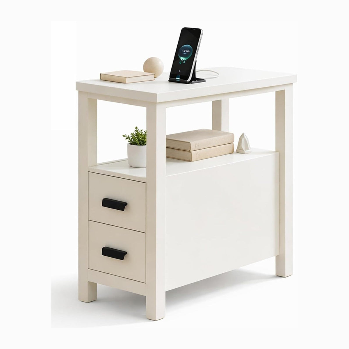 End Table with Charging Station, Nightstand with USB Ports & Outlets, Wood Side Table with 2 Drawers & Storage Shelf for Bedroom,Walnut (White)
