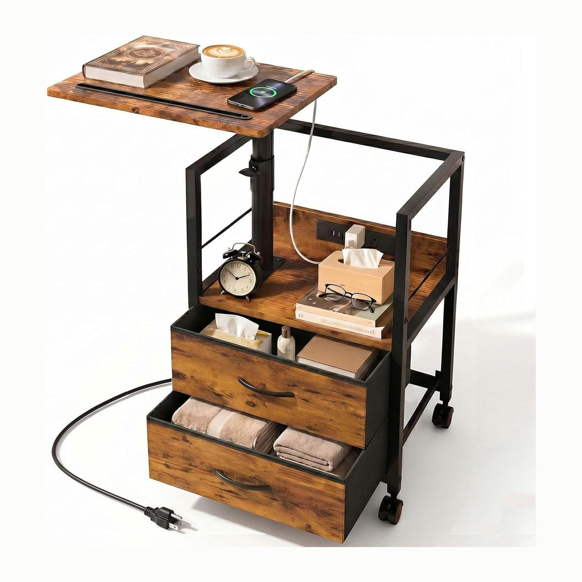 Faesun Swivel Lift Top Nightstand with Charging Station, Rolling Side Table for Recliner, Bedside Table with Wheels & 2 Fabric Drawers, for Small Spaces, for Bedroom, Living Room, Brown