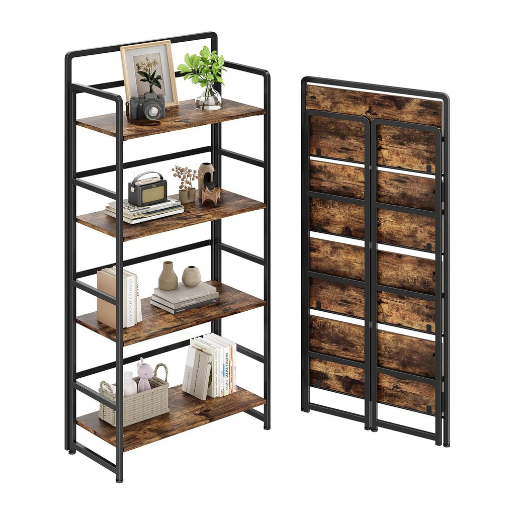 Folding Bookshelf 4 Tiers,No Assembly,Vintage Wood Storage,Rustic Brown