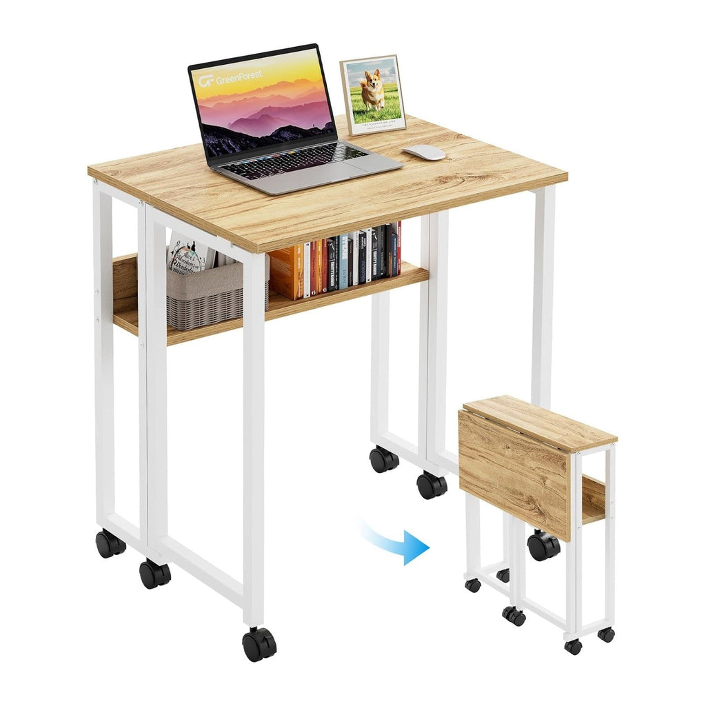 GreenForest Folding Desk with Wheels, 24.8 Inch Compact Rolling Computer Table with Storage Shelf, Portable Mobile Workstation for Small Spaces, Easy Assembly, Oak
