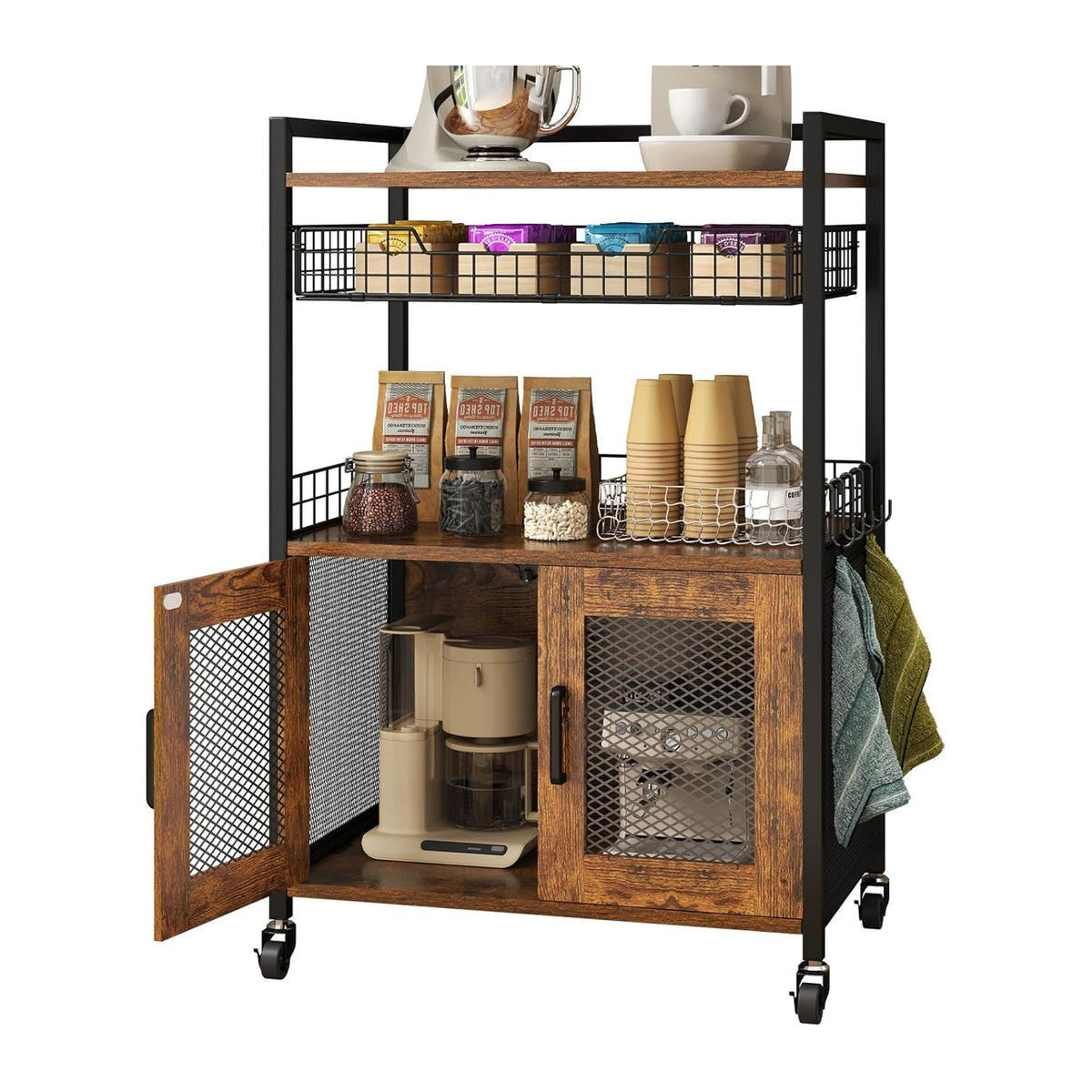 Hencawima Coffee Bar Cabinet, 3 Tier Coffee Station Table on Wheels, 35.9" H Bar Cart with Wire Basket Drawer & 5 Hooks for Home Kitchen, Liquor Buffet Sideboard Cabinet (Rustic Brown)