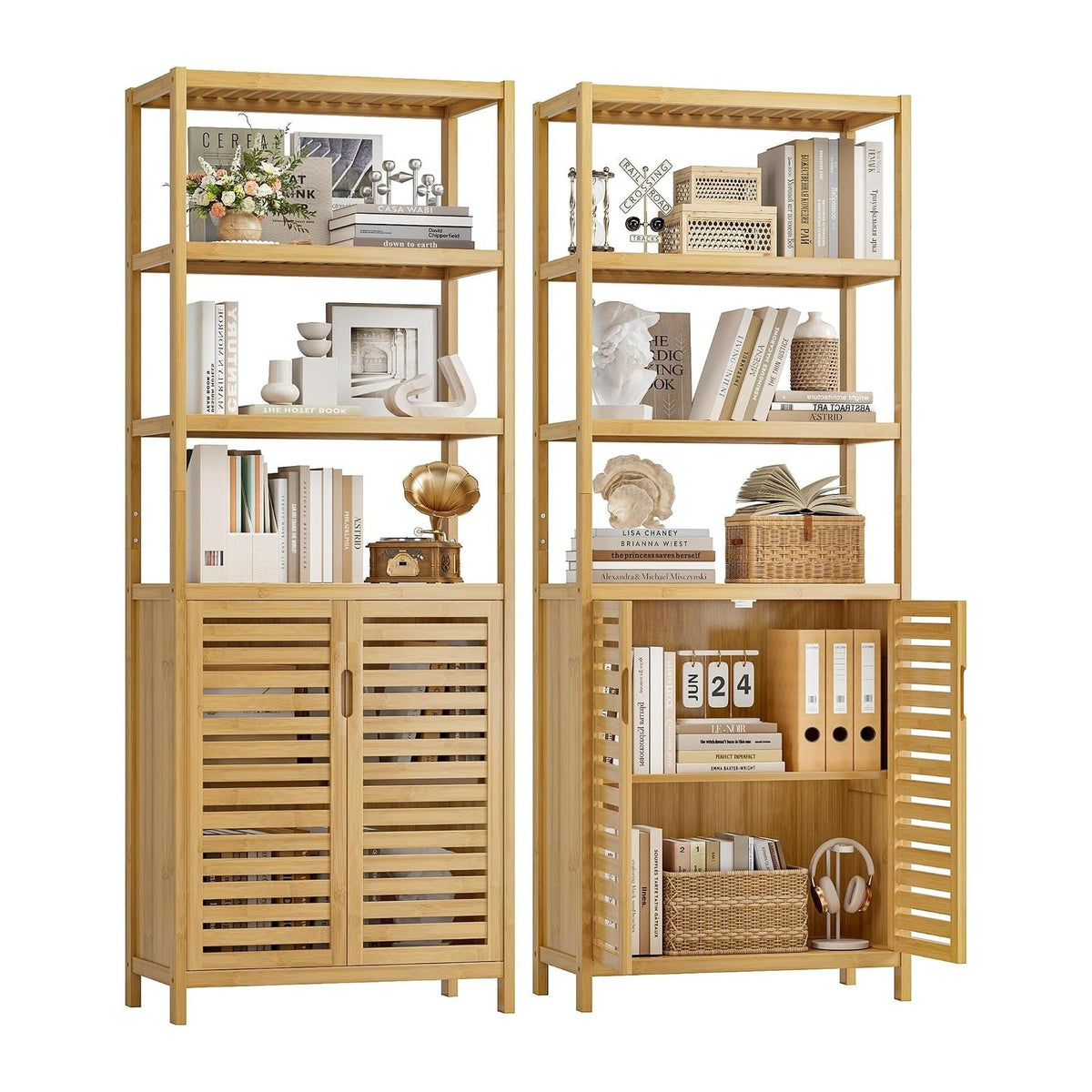 HIFIT 6-Tier Bamboo Book Shelves with 2 Door, Tall Bathroom Storage Cabinet