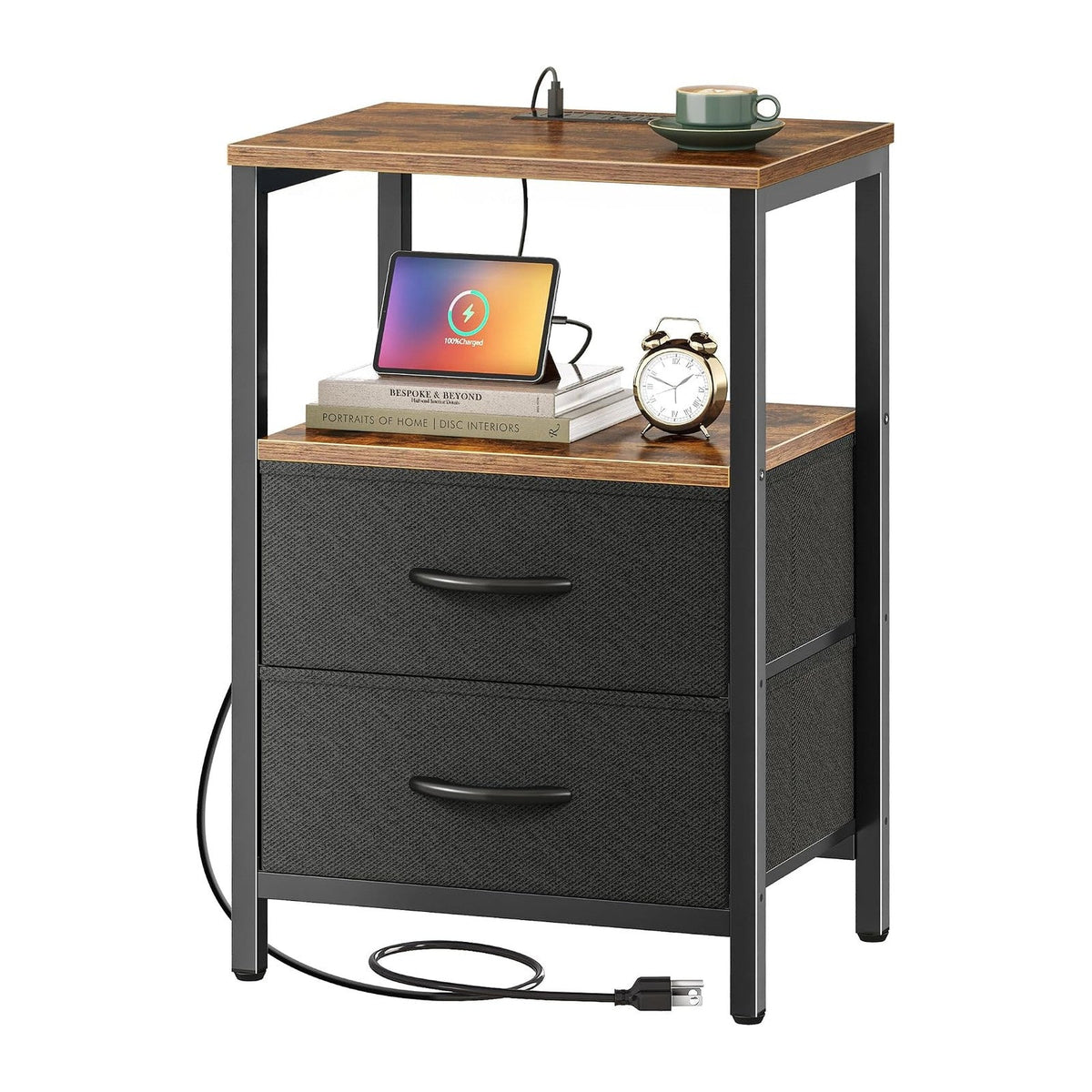 Huuger Nightstand with Charging Station, Side Table with Fabric Drawers, End Table with Open Shelf, Bedside Table with USB Ports and Outlets, Night Stand for Bedroom, Rustic Brown and Black