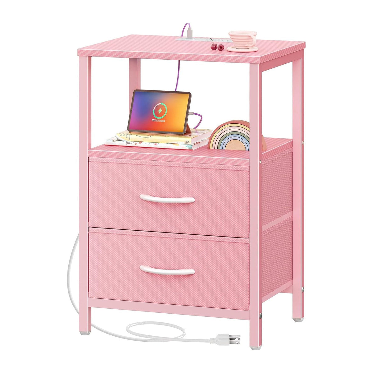Huuger Nightstand with Charging Station, Side Table with Fabric Drawers, End Table with Open Shelf, Bedside Table with USB Ports and Outlets, Night Stand for Bedroom, Pink