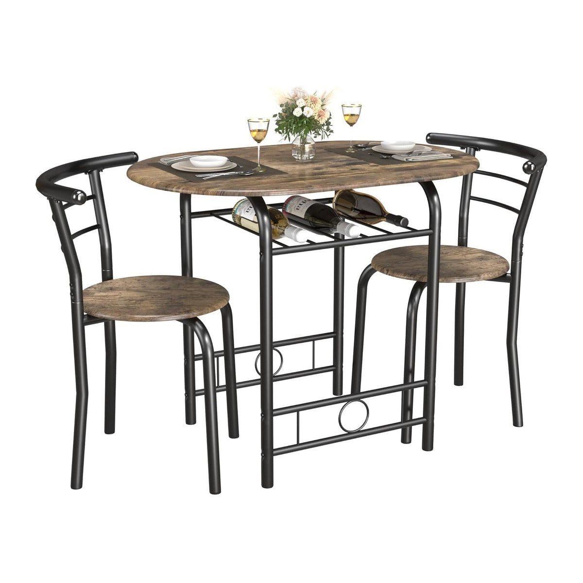 JUMMICO 3-Piece Wooden Round Table & Chair Set, Space Saving Kitchen Breakfast Nook Wood Grain Tabletop with Metal Frame and Built-in Wine Rack for Kitchen, Dining Room (Walnut/Black)