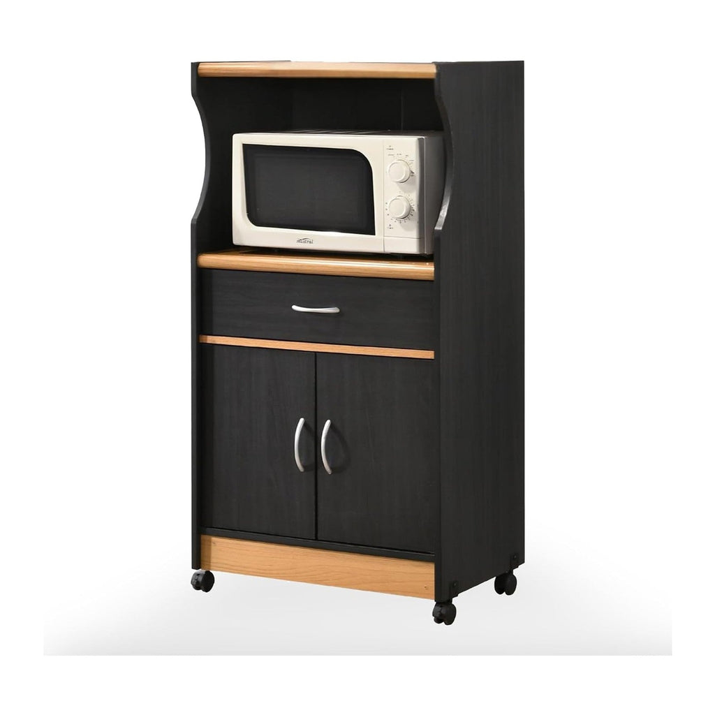 L'Baiet Rolling Kitchen Cart with Microwave Shelf & Cabinet, Black