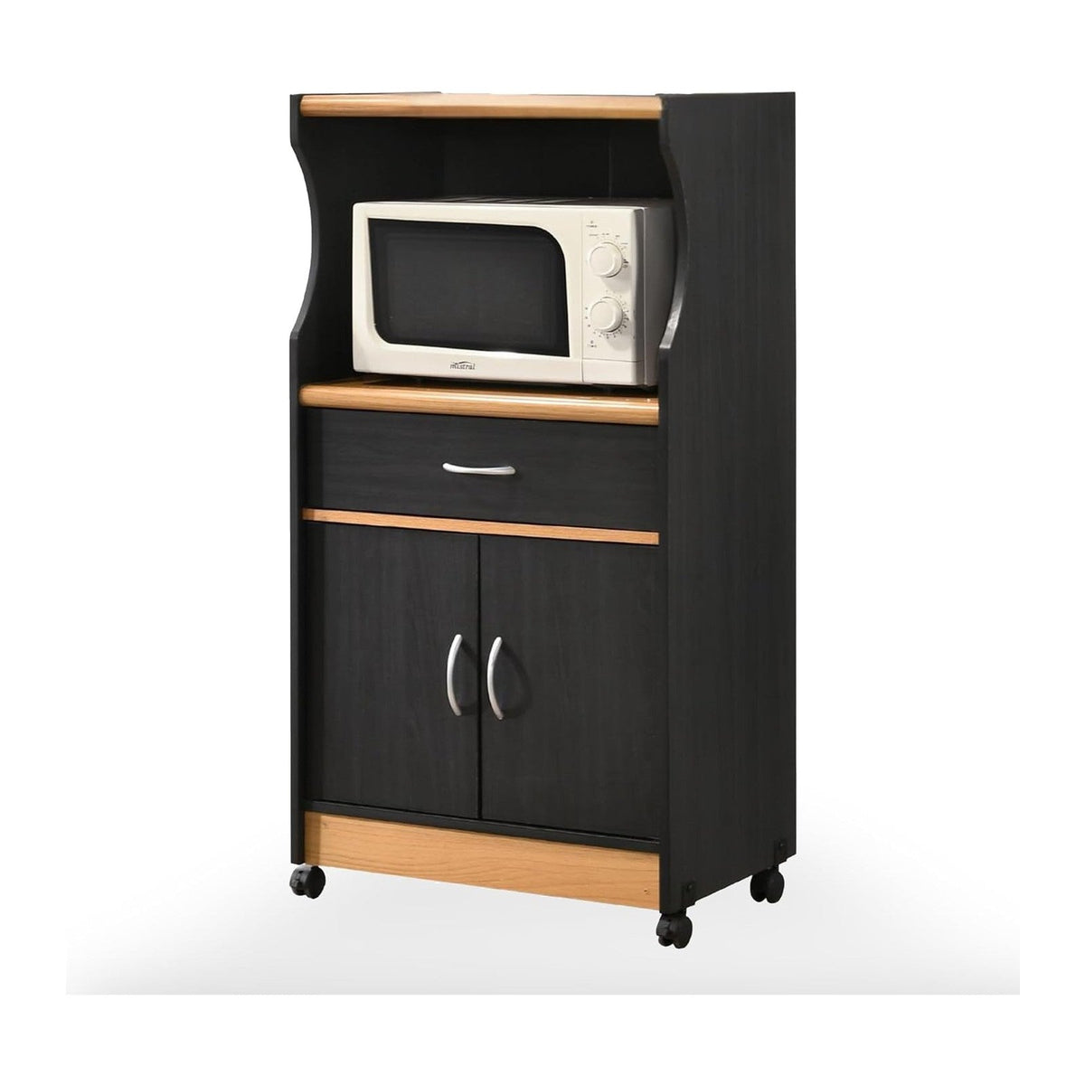 L'Baiet Rolling Kitchen Cart with Microwave Shelf & Cabinet, Black
