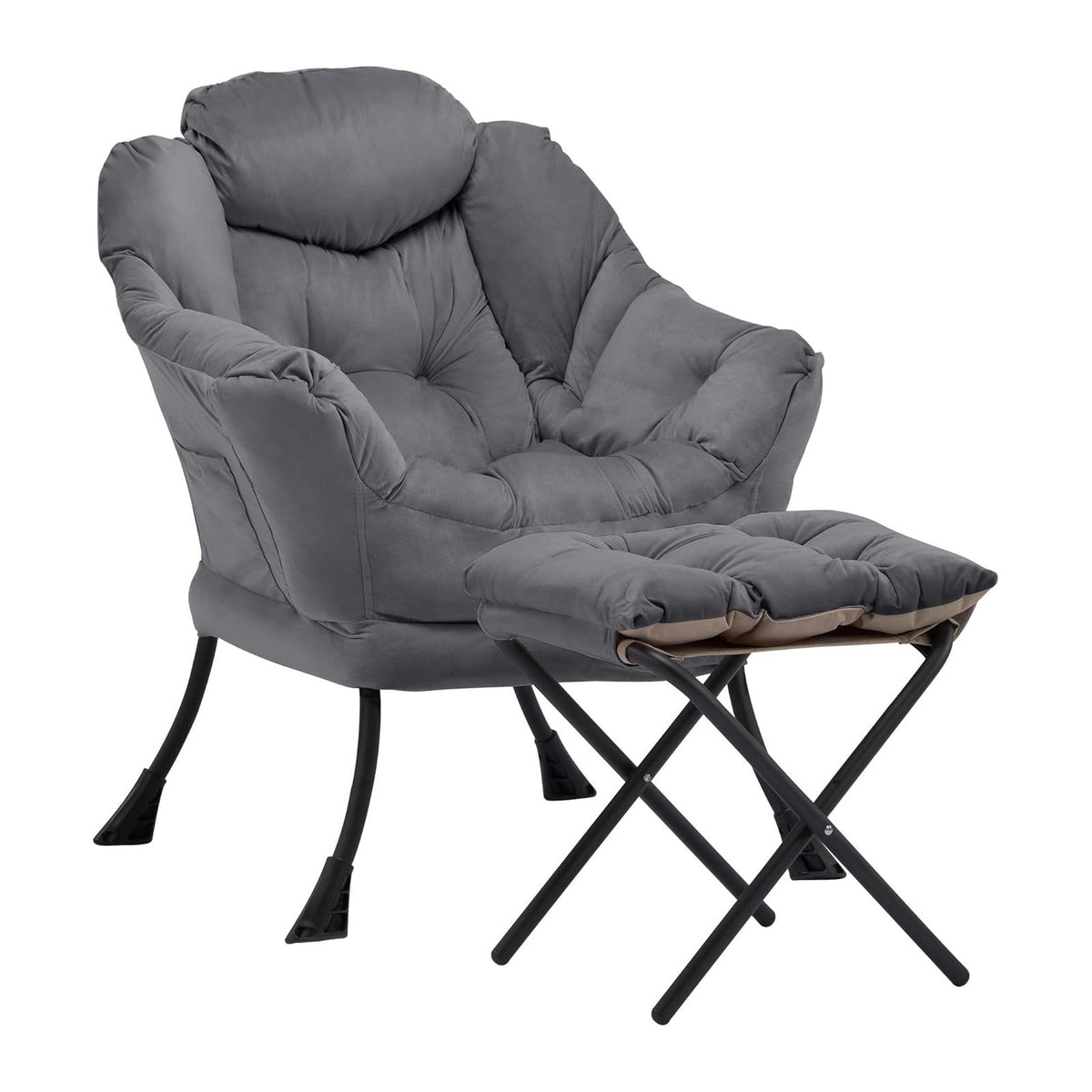 Lazy Chair with Ottoman, Comfy Accent Lounge Chair with Side Pocket, Modern Reading Armchair with Footrest, Upholstered Sofa Chair for Small Spaces, Bedroom, Living Room, Dorm, Darkgrey