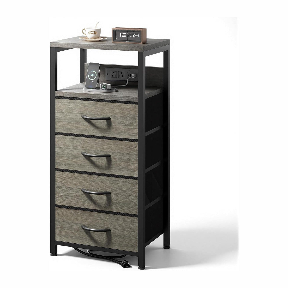 Lazzanto Night Stand with Charger Station, 4 Fabric Drawers, Grey | Nightstand, Bedside Table, Open Shelf, Built in USB-A, USB-C Port & AC Outlets, For Bedroom, Dorm, Living Room