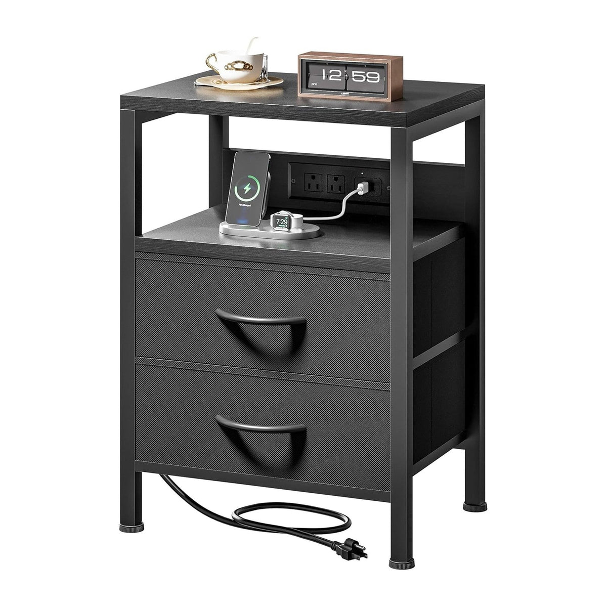Lazzanto Night Stand with Charger Station for Bedroom, Black Nightstand | Bedside Table, Open Shelf, 2 Fabric Drawers, Built in USB-A, USB-C Port & AC Outlets, For Dorm, Living Room, Bedroom