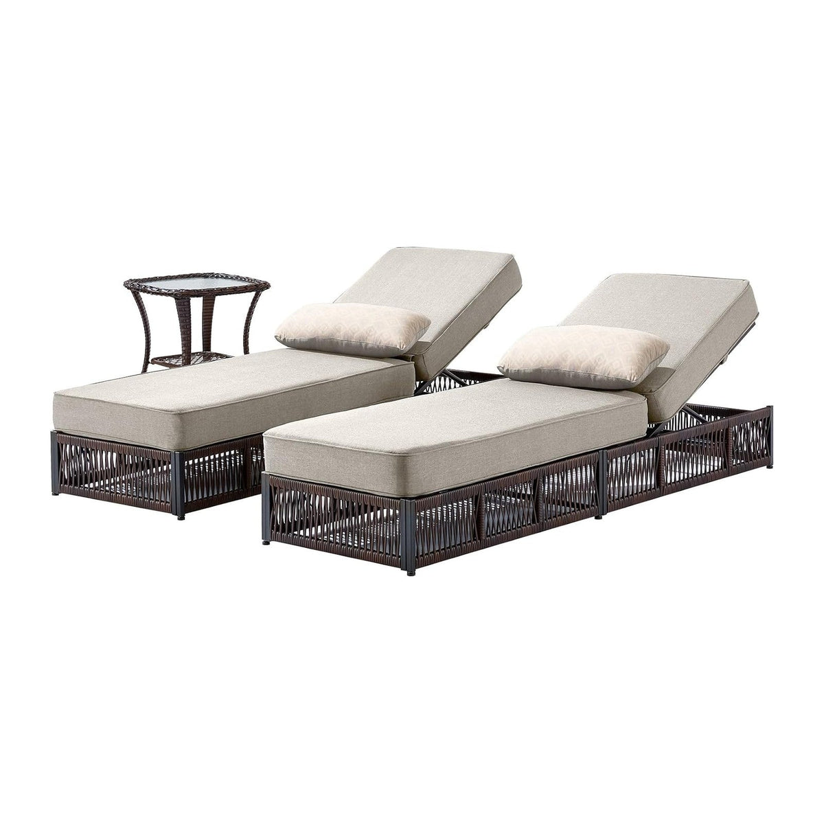 Luxury Outdoor Chaise Lounge Chairs of 2 with 5 Inch Thick Cushions and Side Table - 3 PCS High Back Brown Wicker Rattan Patio Recliners Lounger Furniture Set for Poolside Sunbathing - Beige