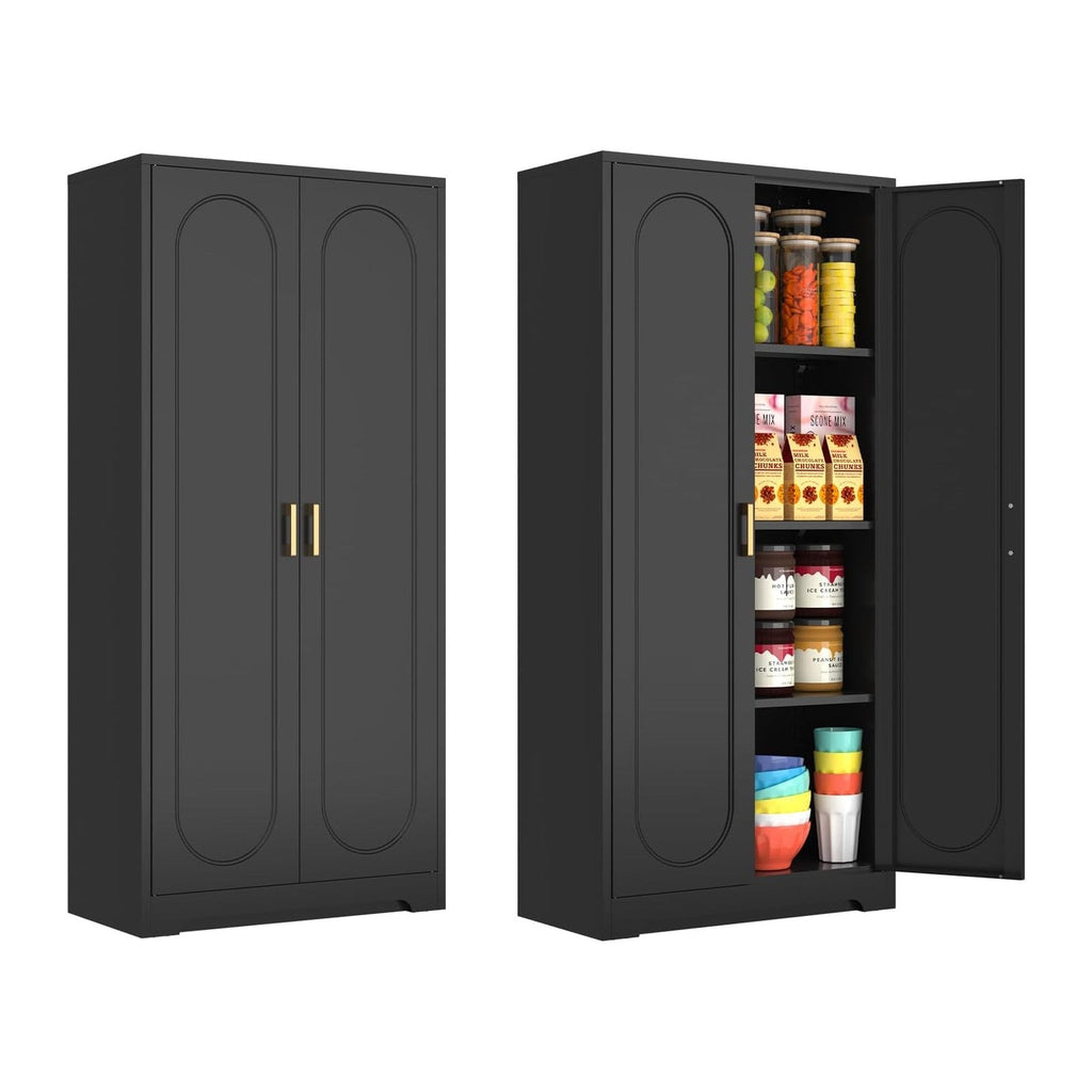 Polup 60" Black Metal Kitchen Pantry Storage Cabinet with Doors and Shelves | Freestanding Cupboard, Cold-Rolled Steel, 4-Tier Heavy Duty, Adjustable Shelving, Gold Handles, for Garage Office & Laundry