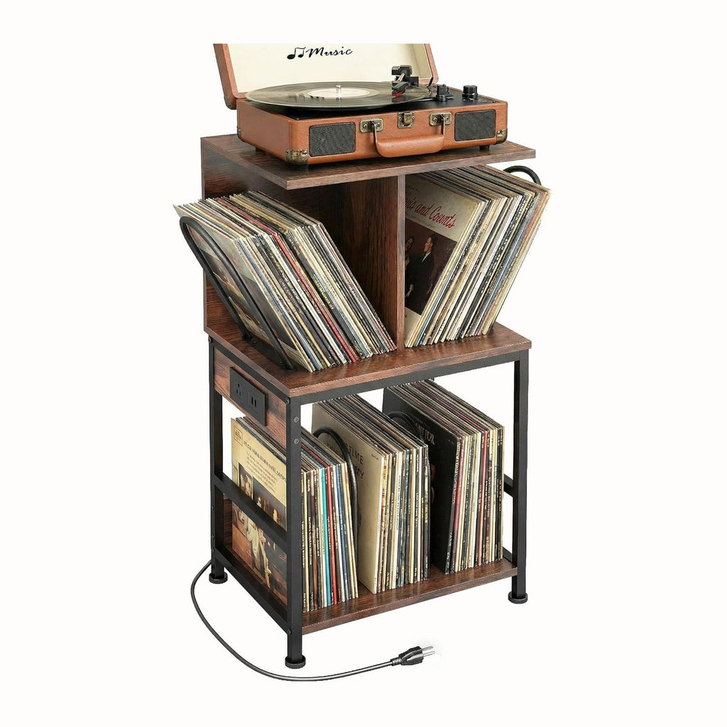 Record Player Stand with Vinyl Storage, Large Record Table Holds 180 Albums, Vinyl Record Storage Stand with USB Charger, Multi-Functional Side Table & Shelf for Living Room Bedroom
