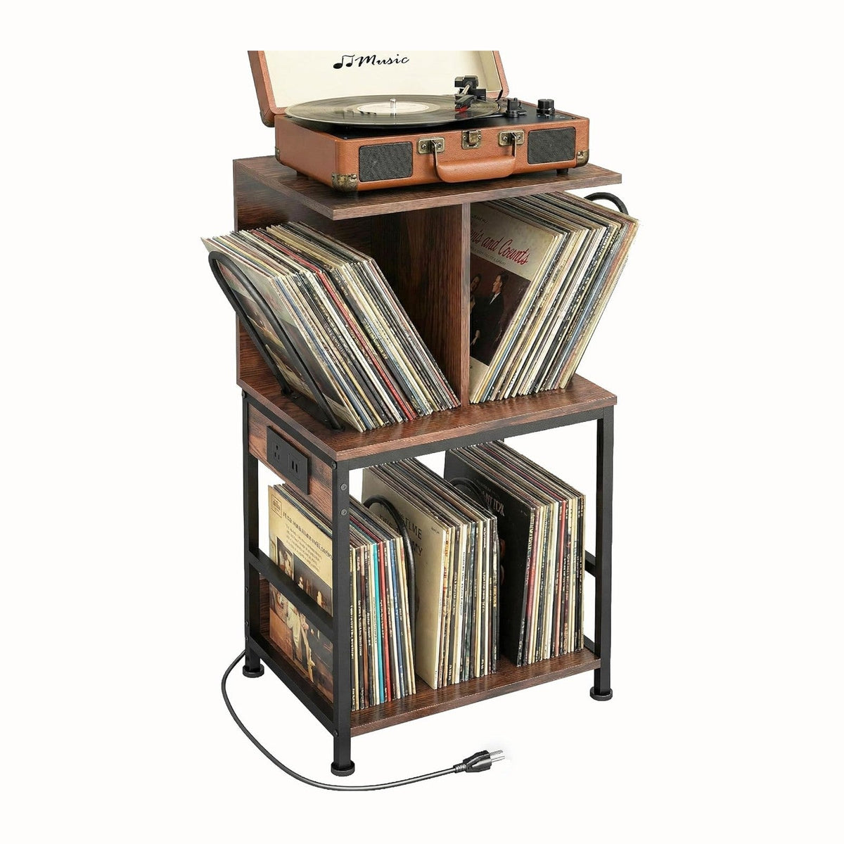 Record Player Stand with Vinyl Storage, Large Record Table Holds 180 Albums, Vinyl Record Storage Stand with USB Charger, Multi-Functional Side Table & Shelf for Living Room Bedroom