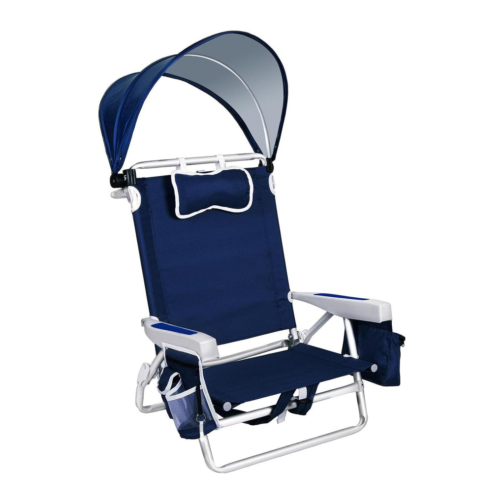 Romswi Extra Wide Beach Chair with Canopy Shade, 1 Pack Aluminum Folding Chairs with Detachable & Adjustable Umbrella, 5-Position Lay Flat, Cooler Bag, Cup & Phone Holder, Towel Bar, Navy Blue