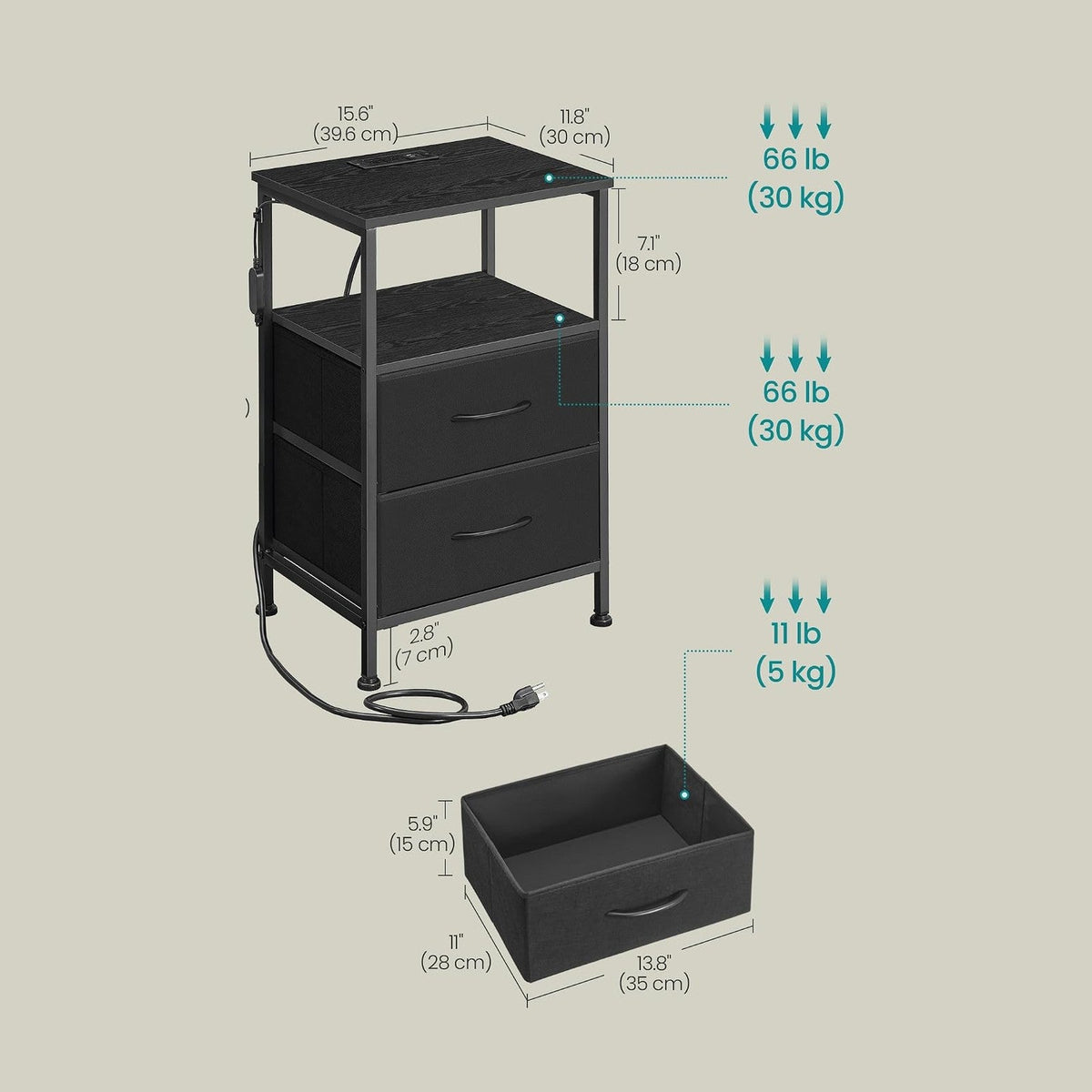 SONGMICS BELLAH Collection - Nightstand with Charging Station and App-Controlled Adjustable LED Lights, Bed Side Table, 2 Drawers and 1 Open Shelf, Modern, Ink Black and Ebony Black ULGS302BH01S