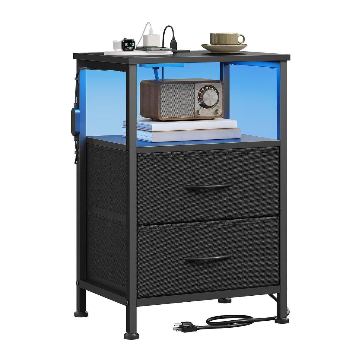 SONGMICS BELLAH Collection - Nightstand with Charging Station and App-Controlled Adjustable LED Lights, Bed Side Table, 2 Drawers and 1 Open Shelf, Modern, Ink Black and Ebony Black ULGS302BH01S