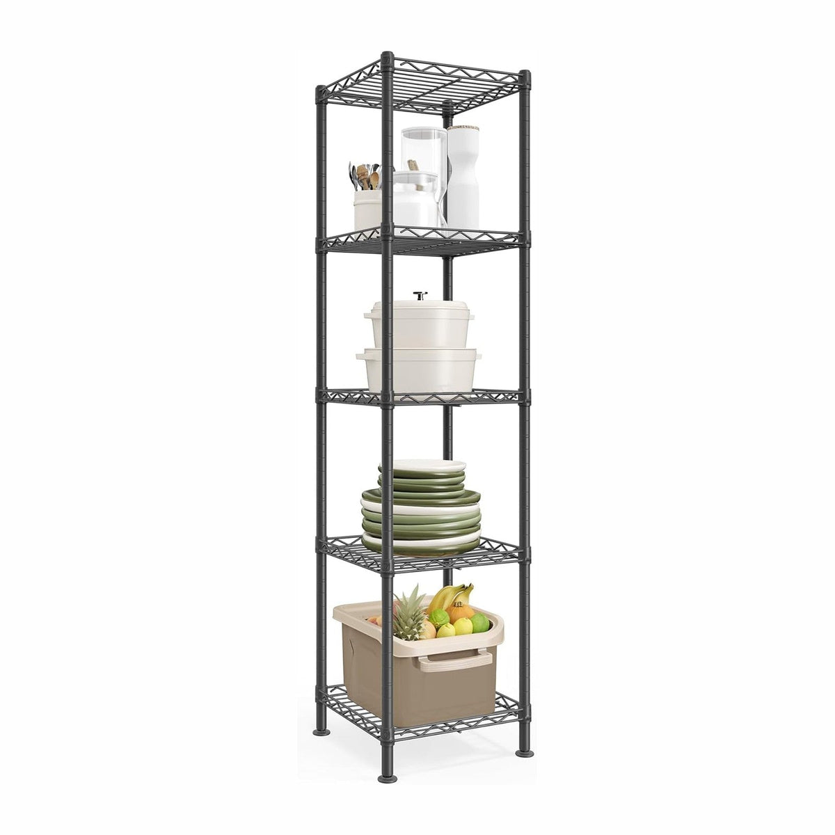 SONGMICS Storage Shelf, Small Metal Wire Shelving Unit, Adjustable Shelves, for Small Spaces, Garage, Bedroom, Living Room, Kitchen, Pantry, 5 Tier, 11.8 x 11.8 x 47.6 Inches, Ink Black ULGR123BH01
