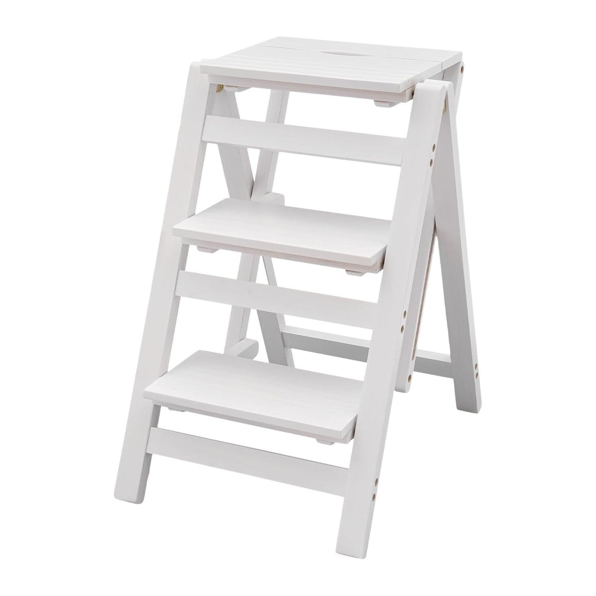 Step Stool for Adults Step Ladder Counter Chair, 3-Step Folding Portable Wooden Step Stool for Library Home Kitchen, 220 lbs White