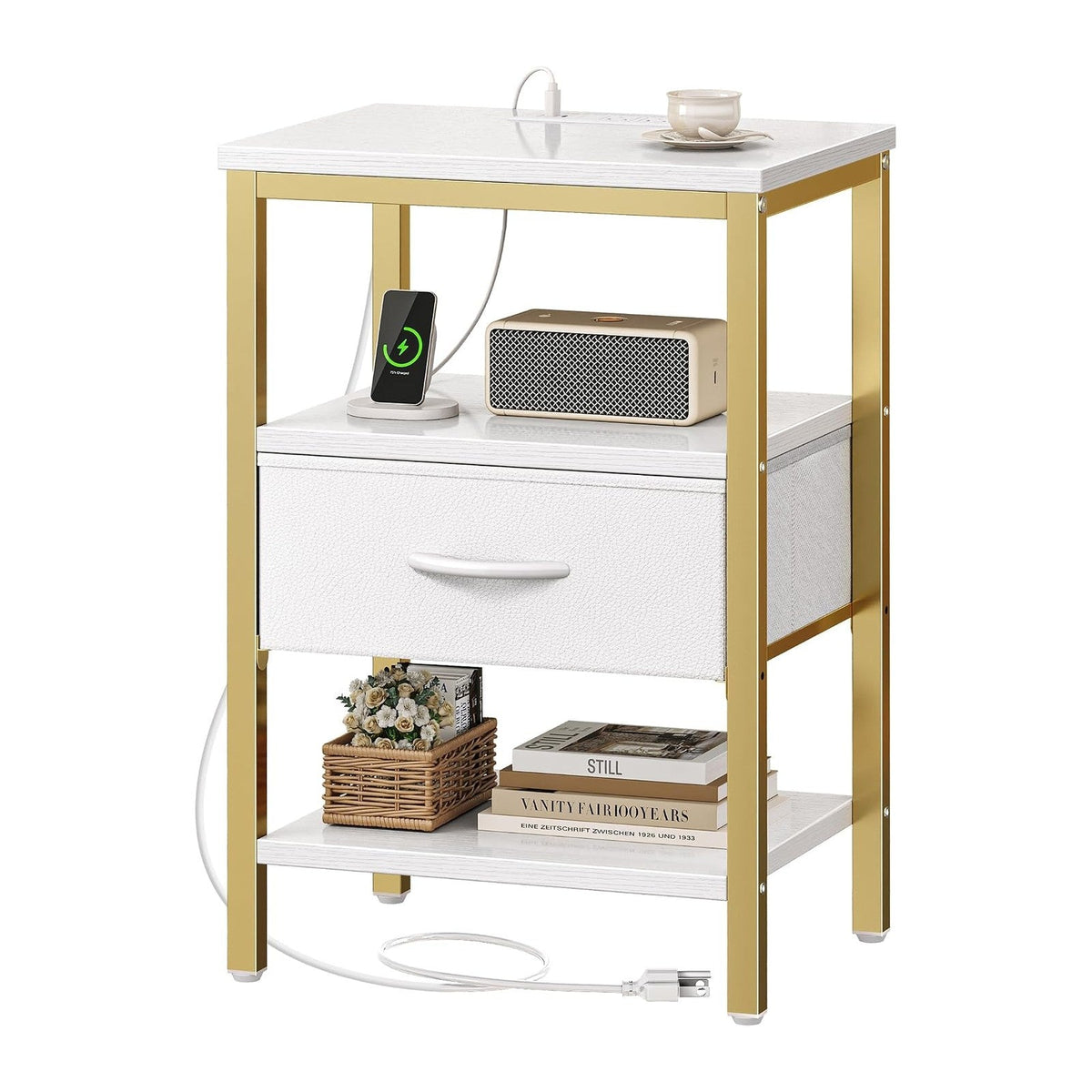 SUPERJARE Nightstand with Charging Station, Bed Side Table with Adjustable Fabric Drawer, Night Stand for Bedroom, 3-Tier Storage End Table, for Living Room, White and Gold