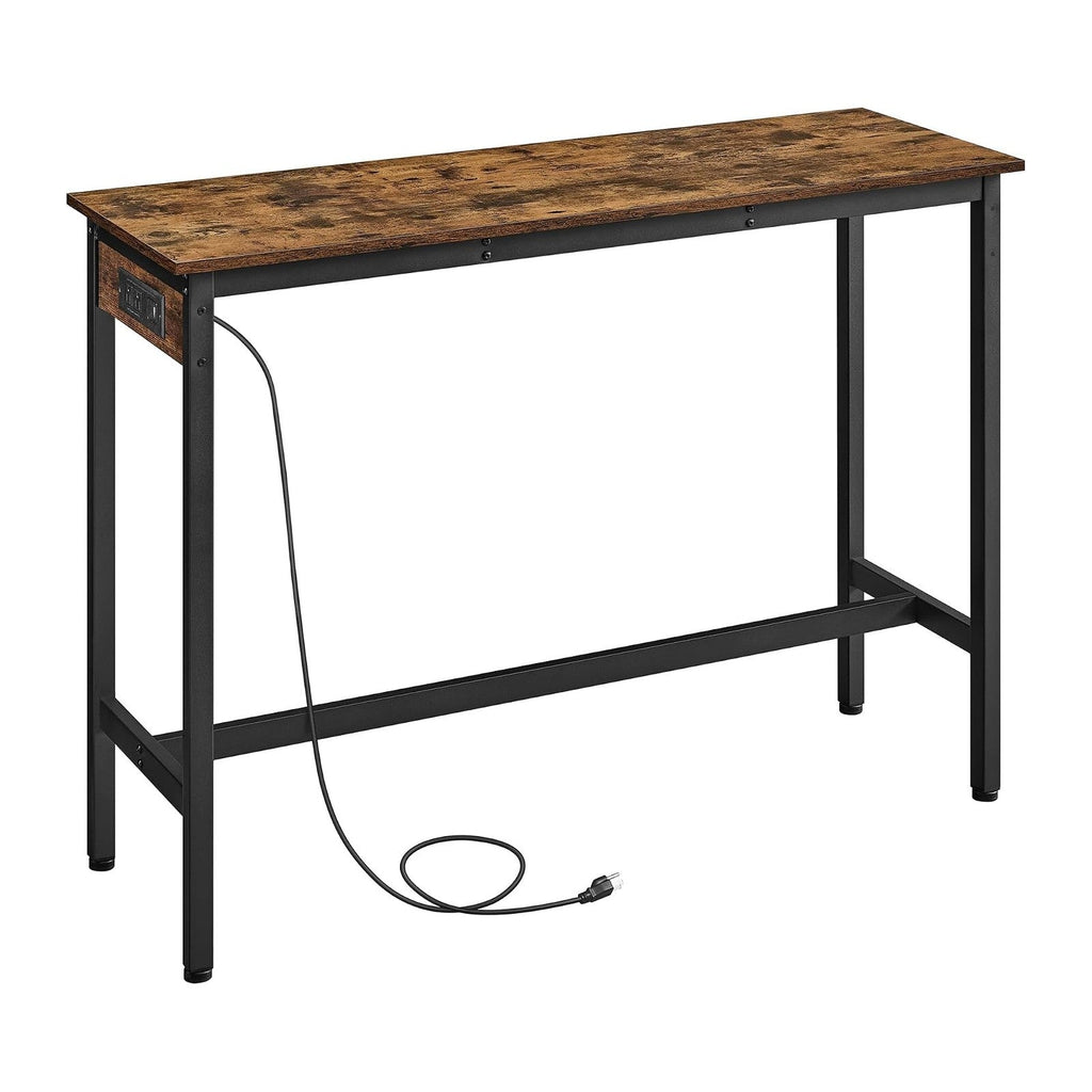 VASAGLE Bar Table with Power Outlets, Computer Desk, 47.2" W | Stable Metal Structure, Modern Basic, Rustic Brown and Matte Black, BARNET Collection ULBT121K01