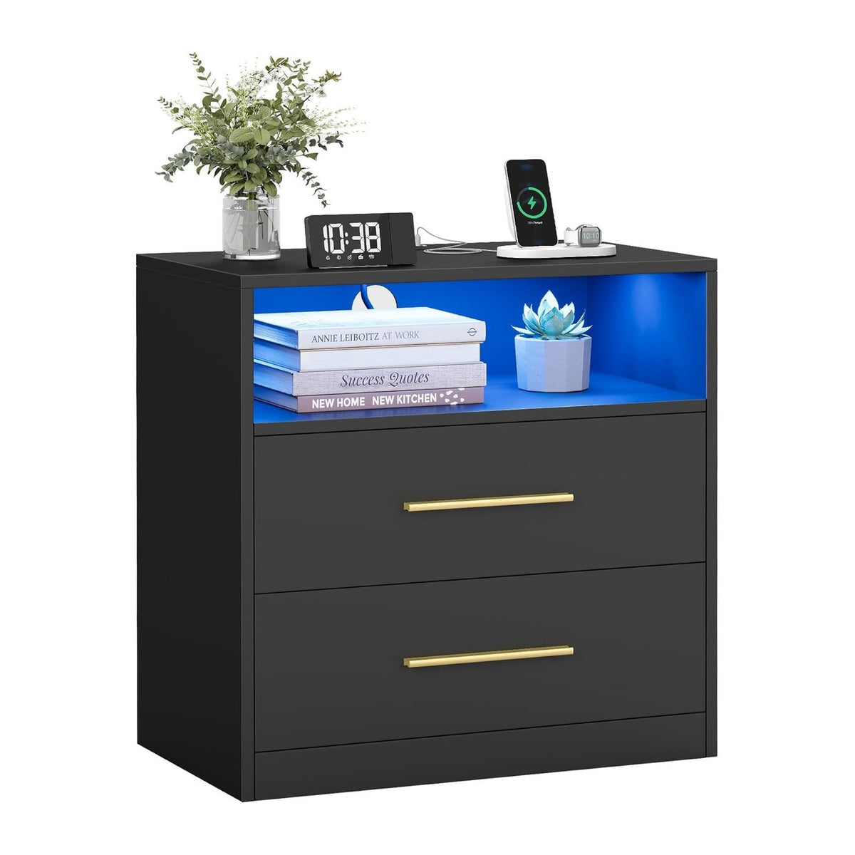 VASAGLE CUSTOS Collection Nightstand with Charging Station, 23.6 Inch | LED Lights, Modern Night Stand, Side End Table with Drawers, Open Shelf, 2 AC Outlets USB Ports, Ink Black ULET639BC01S