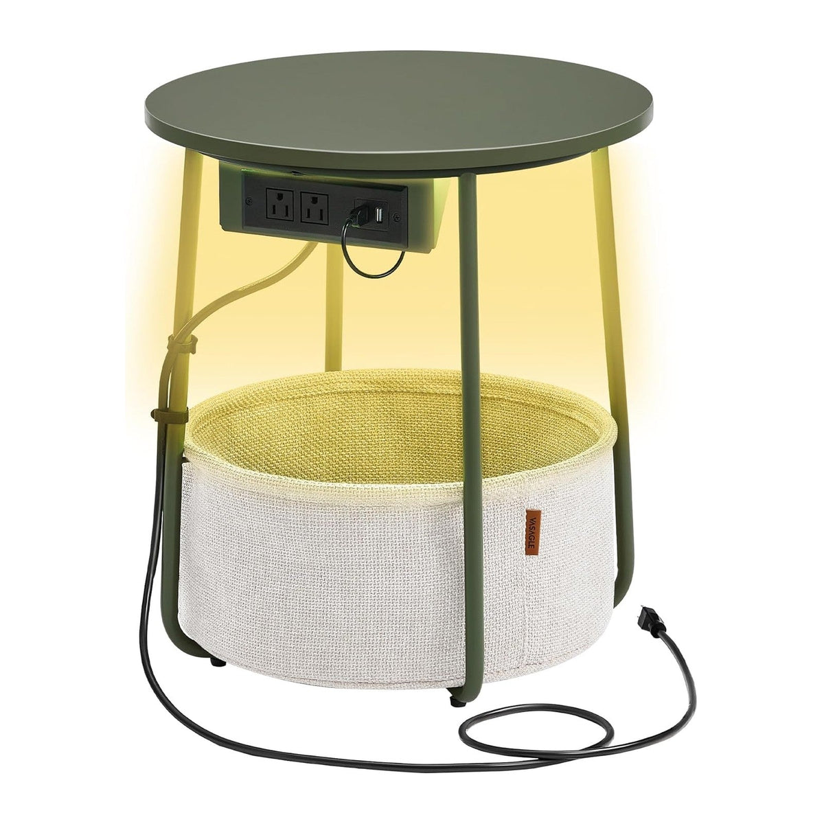 VASAGLE LILEA Collection - Side Table with Charging Station, Round End Table with Fabric Basket, LED Nightstand with USB Ports, Modern, for Living Room, Forest Green and Cream White ULET227C01