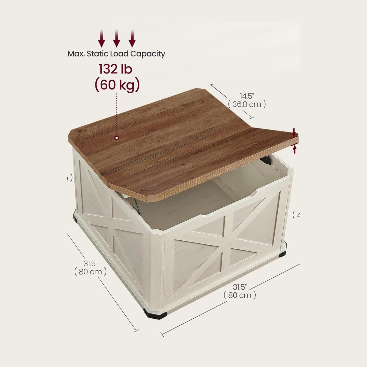 VASAGLE LIRY Collection - Farmhouse Coffee Table with Storage, Square Coffee Table for Living Room, Center Table with Flip-Top Lids, Honey Brown and Rustic White ULCT232W73