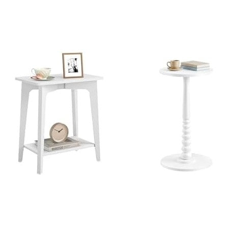 VASAGLE Small Rectangular End Table, Round End Drink Table, Cloud White ULET332W01, ULET293WB02S