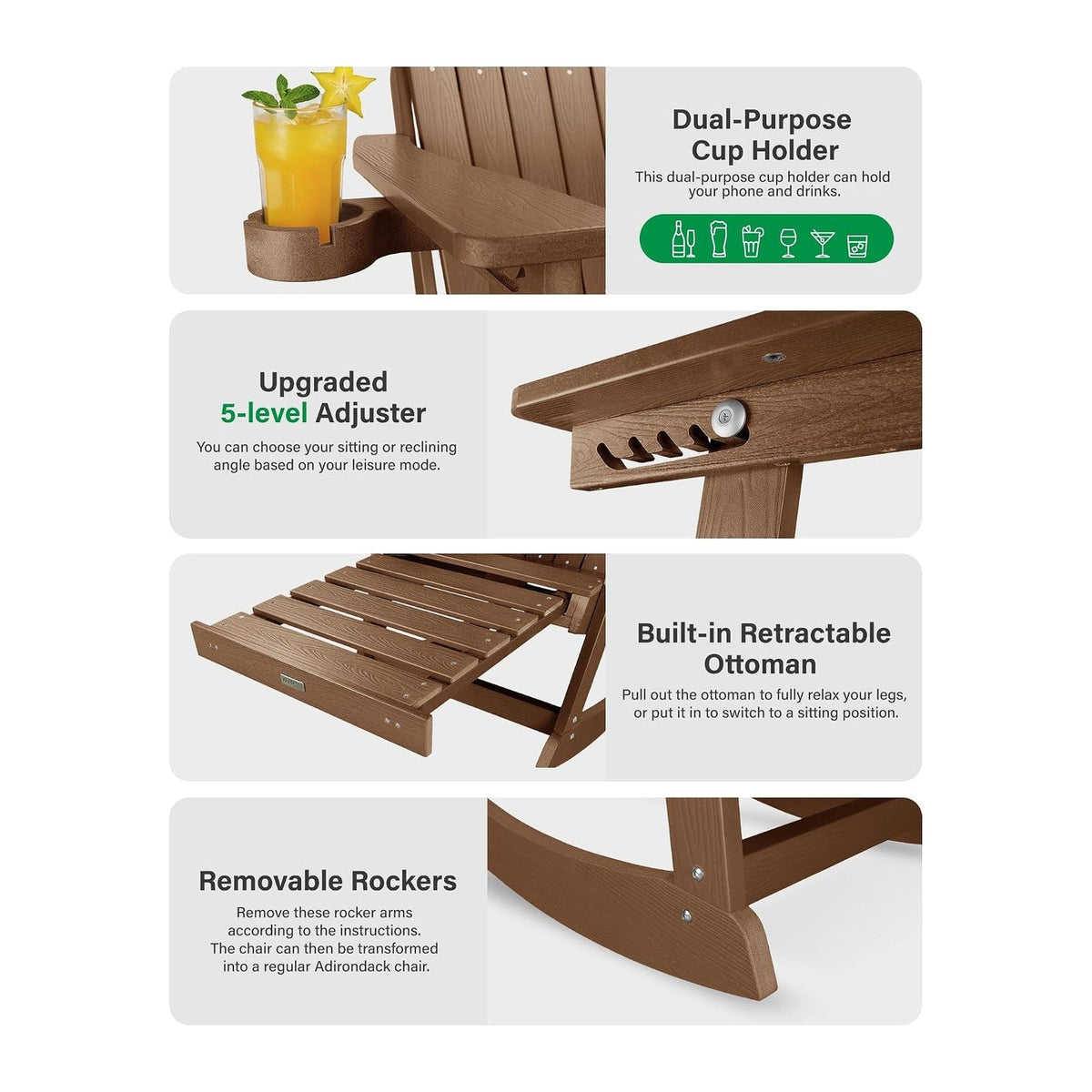 YEFU Adirondack Rocking Chairs, Adirondack Chair with Footrest, Teak | 5- Level Adjustable Backrest, Retractable Ottoman & Cup Holder, Like Real Wood, for Outdoor/Patio/Porch, Heavy Duty, 400 lbs