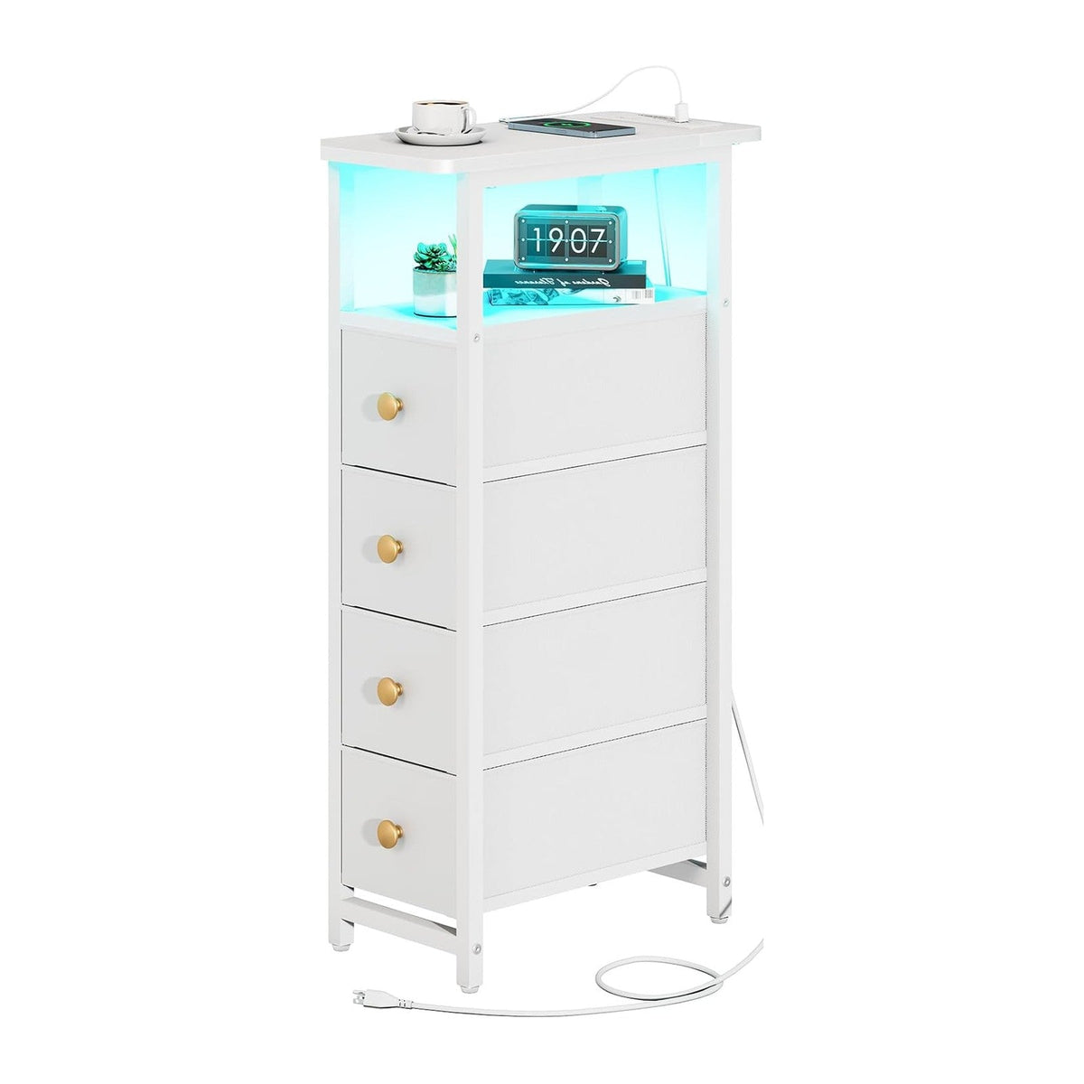 Yoobure LED Narrow Nightstand with Charging Station - Slim Dresser for Bedroom Narrow Side Table Storage Cabinet, Small Dressers Chest of Drawers, Tall Night Stand End Table for Small Spaces, White